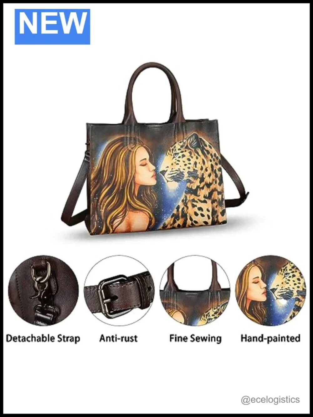 Genuine Leather Hand Painted Satchel Handbag Crossbody Purse Work Tote